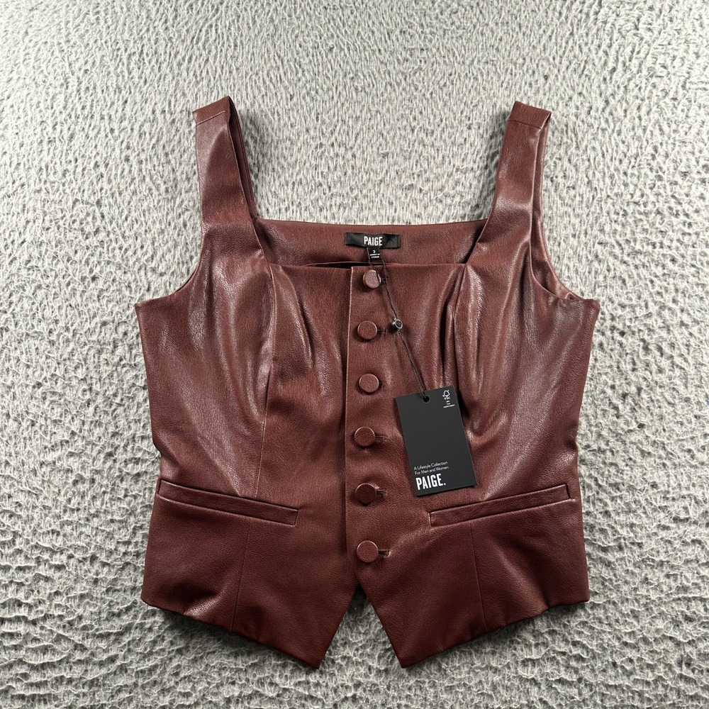 PAIGE Irene Top Womens 2 Faux Leather Vest Rum Raisin Button Front Sleeveless